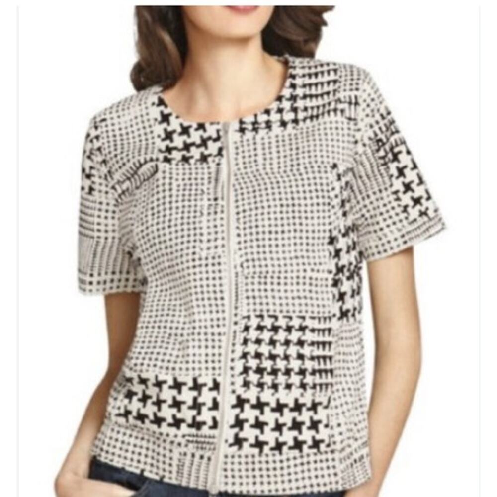 CAbi #931 Coupe Bomber Jacket Ivory Houndstooth Short Sleeve Full Zip‎ XL